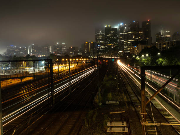 istock Urban skyline and train tracks 1469289672