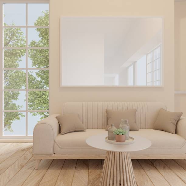 istock Mock up a large picture frame on the wall white room interior. 1469290131