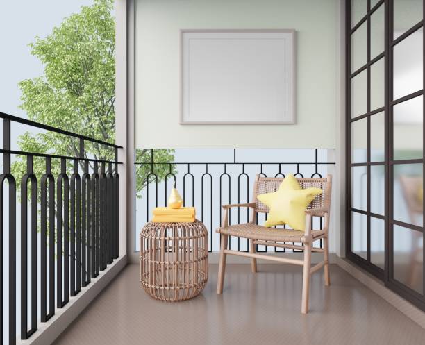 istock Modern style condo balcony with picture frames on the wall exterior. 1469290132