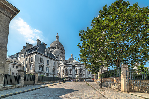 Sacre Coeur cathedral in Paris under a blue sky, France