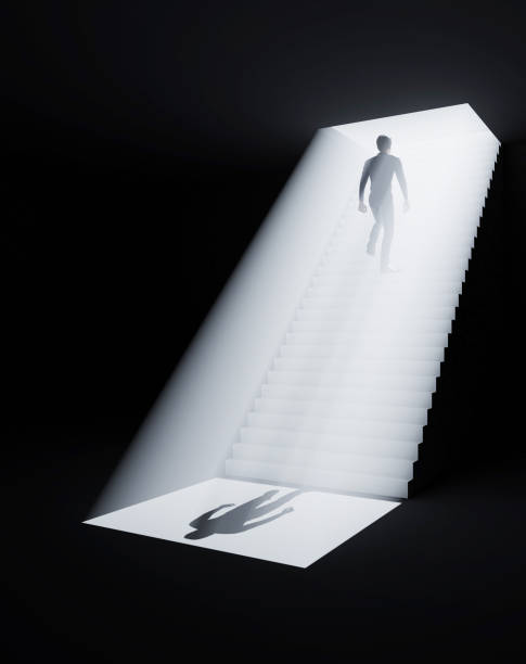 istock Escape from dark, stairs with man end volumetric light, new life. 1469290725