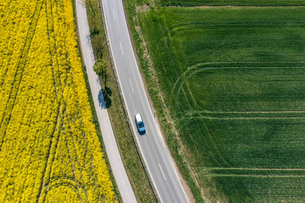 istock Road in spring landscape aerial view 1469297644