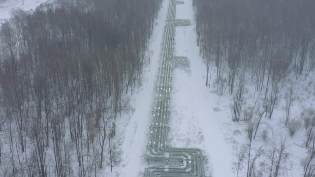 Pipelines to transport oil products in forest on winter day
