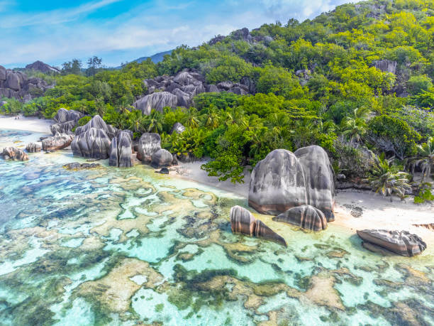 istock Aerial view of world famous Anse Source d'Argent beach 1469301085