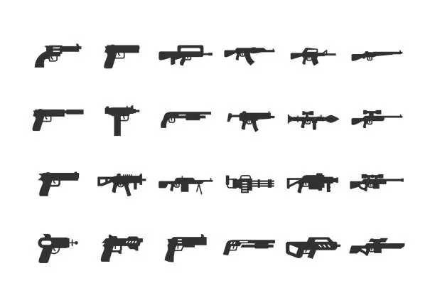 Vector illustration of Weapon icon set. Filled style.