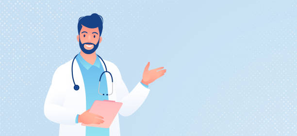 Cartoon character of doctor holding a clipboard on light blue background vector illustration. Healthcare and medicine concept. Healthcare and medicine concept vector illustration. for template, horizontal poster, background banner and social media. pharmacist cartoon stock illustrations