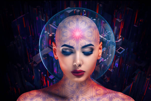 Surreal futuristic woman portrait. Concept of mind concentration in cyber space. Surreal cyborg female.