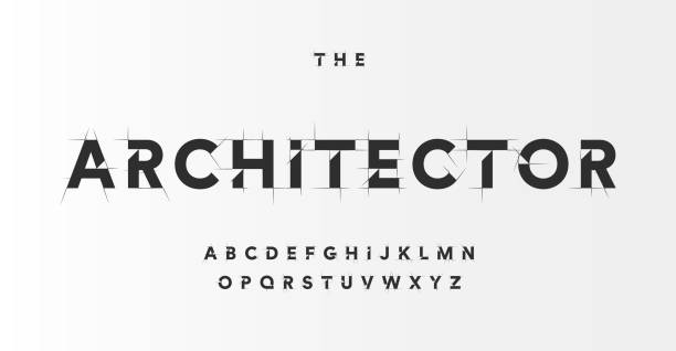 architekturprojektschriftart, technisches zeichenstil-alphabet. geometrische typografie. wireframe-buchstaben, typografisches design mit entwurfsstrichen für architekturlogo und überschrift. isolierter vektorsatz - großbuchstabe stock-grafiken, -clipart, -cartoons und -symbole