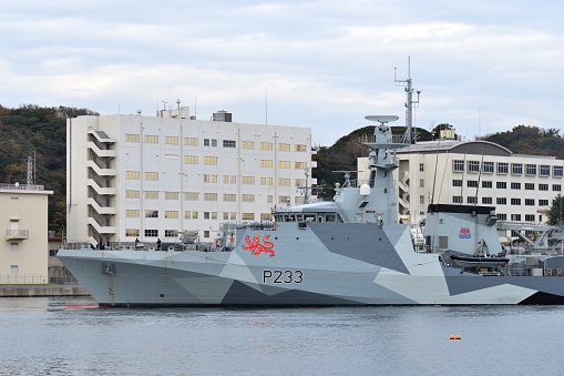 Kanagawa Prefecture, Japan - December 04, 2022: Royal Navy HMS Tamar (P233), River-class patrol vessel.