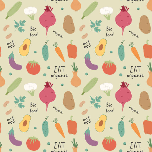 야채 완벽 한 패턴입니다. 채식 건강 바이오 식품 배경, 비건 유기농 에코 제품 후추, 토마토, 오이, 당근, 감자, 아보카도, 콩 및 완두콩. 벡터 그림 - eggplant vegetable vegetable garden plant stock illustrations