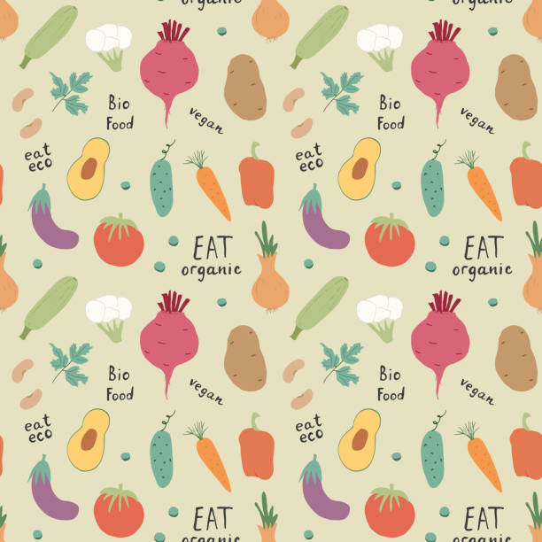 ilustrações, clipart, desenhos animados e ícones de padrão sem costura de vegetais. fundo vegetariano saudável bio food, produtos ecológicos orgânicos veganos pimenta, tomate, pepino, cenoura, batata, abacate, feijão e ervilhas. ilustração vetorial - eggplant vegetable vegetable garden plant