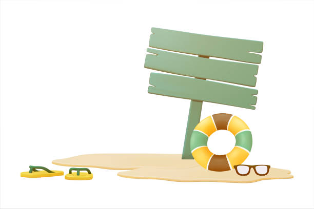 summer vacation concept with wooden signpost, flip flops, sunglasses, swimming ring and summer elements, minimal style. 3d vector illustration summer vacation concept with wooden signpost, flip flops, sunglasses, swimming ring and summer elements, minimal style. 3d vector illustration voyager 1 stock illustrations