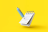 Note book and pencil 3D icon isolated on yellow