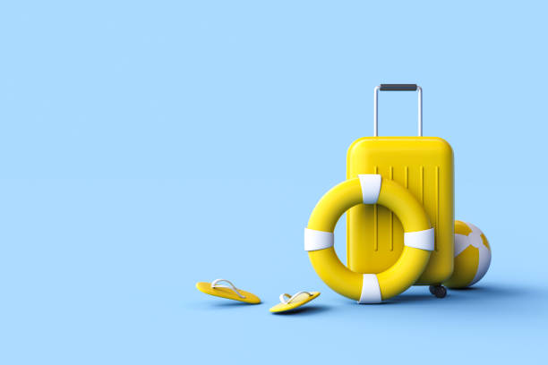 istock Suitcase, ball, swim ring and Flip flops on blue background 1469320350