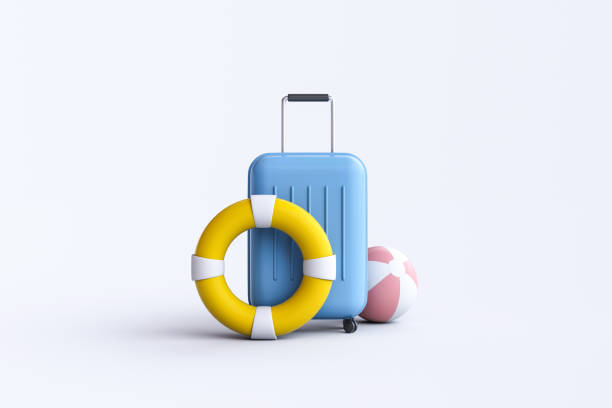 istock Suitcase, ball and swim ring on white background 1469320376
