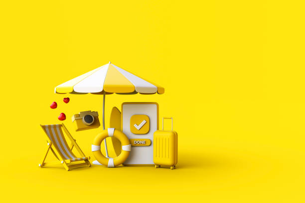 istock Mobile smart phone, beach umbrella and beach accessories. 1469320400