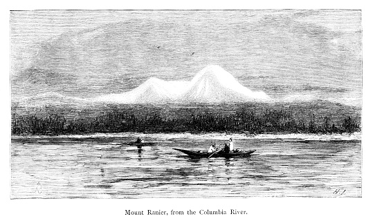 Native Americans canoe down the Columbia River with Mount Rainier in the background in Washington, USA. . Pen and pencil illustration engravings, published 1872. This edition edited by William Cullen Bryant is in my private collection. Copyright is in public domain.