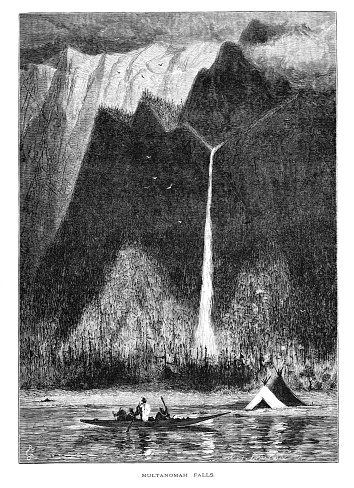 Oregon’s highest waterfall is Multnomah Falls near Portland, USA. Pen and pencil illustration engravings, published 1872. This edition edited by William Cullen Bryant is in my private collection. Copyright is in public domain.