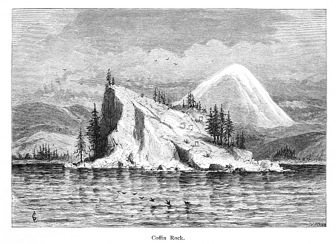 Coffin Rock, made of basalt, Oregon, USA. Pen and pencil illustration engravings, published 1872. This edition edited by William Cullen Bryant is in my private collection. Copyright is in public domain.