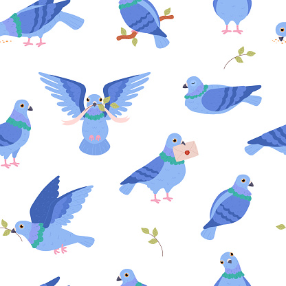 Seamless pattern with blue pigeons flat style, vector illustration on white background. Peace symbol, decorative design for wrapping and packaging, urban bird