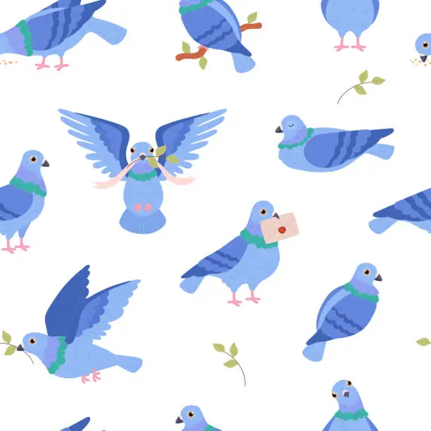 Vector illustration of Seamless pattern with blue pigeons flat style, vector illustration