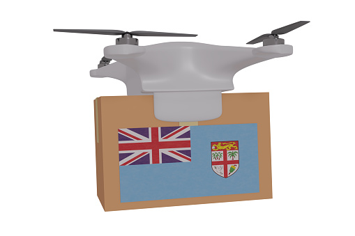 3D render of drone delivering a package against a pure white background With the Flag of Fiji