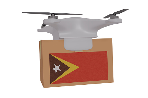 3D render of drone delivering a package against a pure white background With the Flag of East Timor