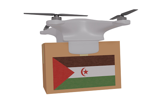 3D render of drone delivering a package against a pure white background With the Flag of The Sahrawi Arab Democratic Republic
