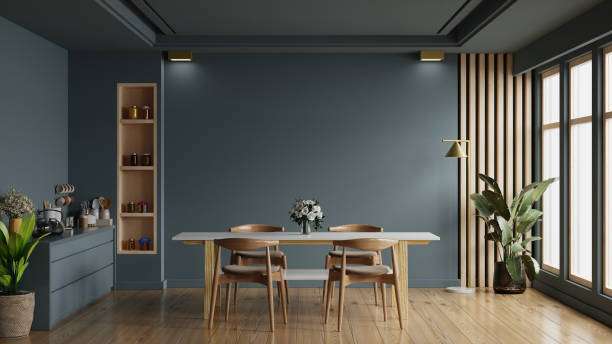 istock Modern dark blue kitchen and minimalist interior design. 1469328238
