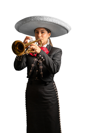 good looking latin hispanic trumpet player musician feminine wearing a white hat