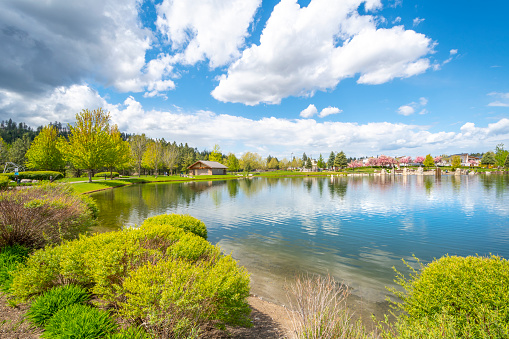 The small lake in the work, live and play community of Riverstone in the downtown district of Coeur d'Alene, Idaho, in the Idaho panhandle.