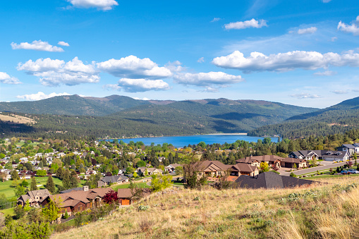 Hilltop view from a luxury subdivision of the lake and city of Liberty Lake, Washington, a rural suburb of Spokane, Washington, USA. Spokane is a city in eastern Washington state.