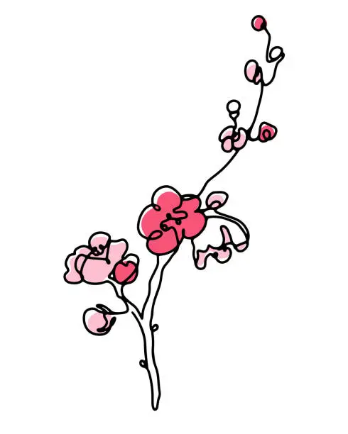 Vector illustration of Spring sakura blooming branch one line art drawing with abstract pink color spots