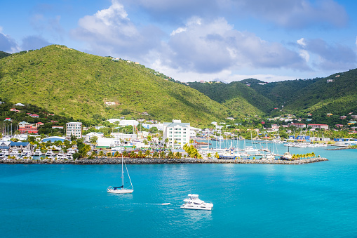 Boats in the turquoise colored waters of Road Harbor in Tortola.