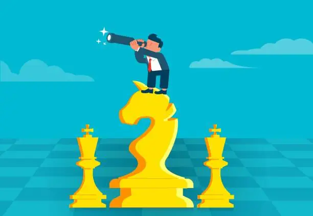 Vector illustration of Strategy and planning, seeking opportunities and strategies to win business competition or achieve business success, businessmen standing on a high chessboard with a telescope looking into the distance