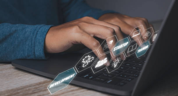 istock Businessman startup training by computer laptop with icon network connection. 1469339528