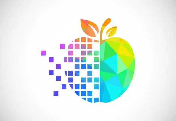 Vector illustration of Low poly style apple pixel or data logo sign symbol in flat style on white background