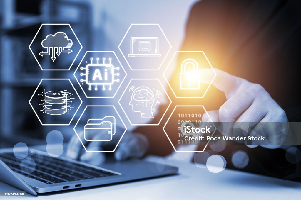 Businessman touching virtual graphics with AI technology concept, connecting smart robot AI, enter command prompt for generate ideas, futuristic technology transformation, cyber security. Network Security Stock Photo