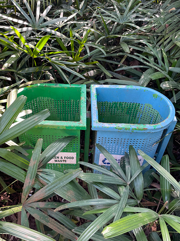 Stock photo showing close-up view of green and blue plastic waste buckets for metal rubbish bin with two compartments, food and plastic waste bin sections being used to collect recyclable rubbish from passersby.