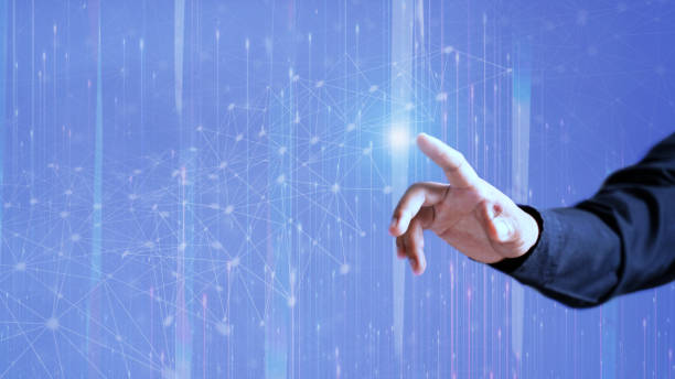 istock Male hand showing, virtual network big data link abstract, blue background 1469344987