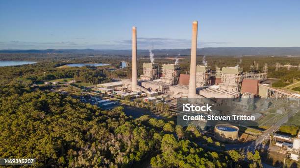 Aerial Drone View Of Eraring Power Station Australias Largest Coal Fired Power Station Consisting Of Steam Driven Turbo Alternators Stock Photo - Download Image Now