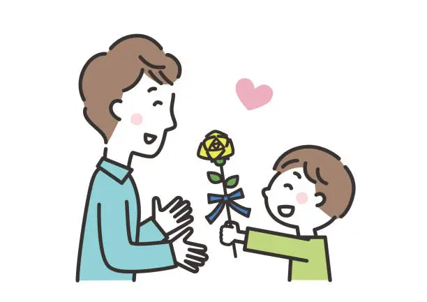 Vector illustration of Boy giving yellow roses to dad Father's Day illustration landscape