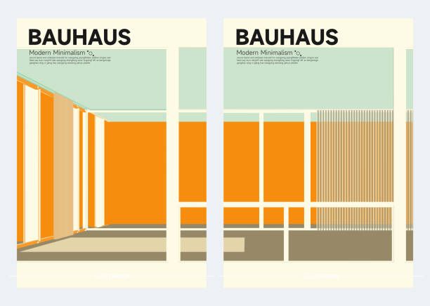 ilustrações, clipart, desenhos animados e ícones de minimalismo moderno estilo bauhaus estrutura de construção espaço de escritório coleção de cartazes - bauhaus architecture