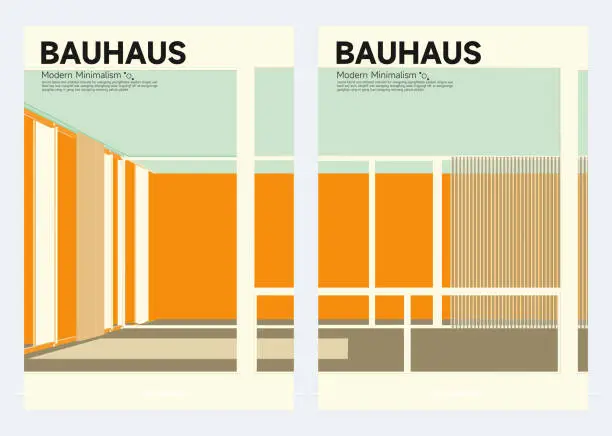 Vector illustration of modern minimalism Bauhaus style building structure office space poster collection