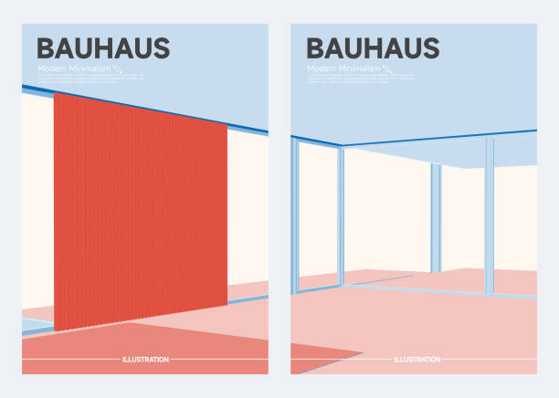 현대 미니멀리즘 바우 하우스 스타일의 건물 구조 사무실 공간 포스터 컬렉션 - bauhaus architecture stock illustrations