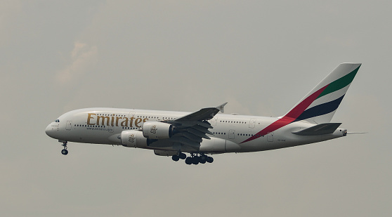 Kuala Lumpur, Malaysia - May 3, 2018. An Airbus A380 aircraft of Emirates landing at Kuala Lumpur International Airport (KLIA).