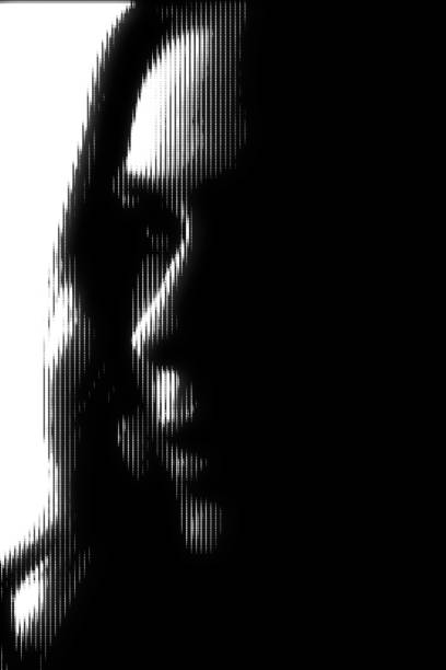 istock Woman portrait illustration in halftone black and white television screen pixels pattern 1469363289