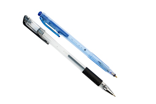 Blue and black ball pens isolated on white background