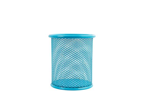 Empty blue pen and pencils holder on white background
