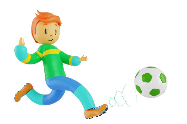 クリッピングパスで行動中の3d少年漫画のキャラクター。3dイラストレーター。スポーツ活動。運動フィットネス。トレーニングトレーニングのライフスタイル。マンプレーヤー。テクノロジ - soccer ball soccer ball cut out ストックフォトと画像